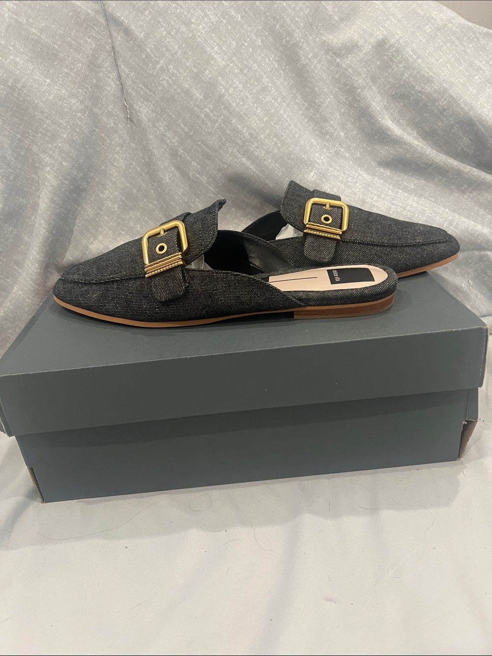 Dolce Vita Denim Backless Loafers with Gold Buckle